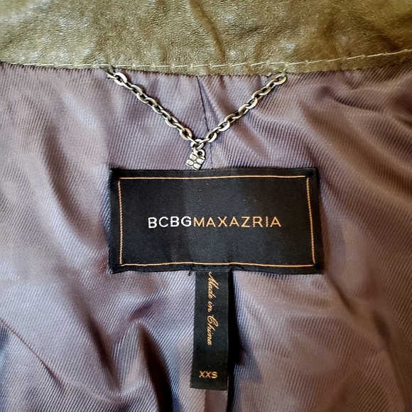 BCBG MAXAZRIA Leather Green Jacket XXS Moto Cropped Slim Fit Button Snap Up - Picture 4 of 5